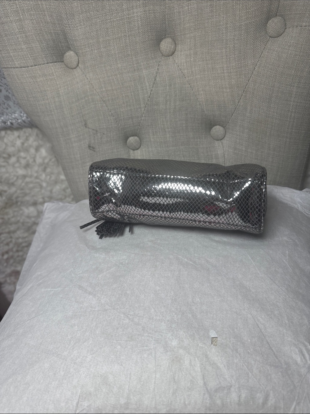 Michael Kors Gunmetal Patent Snake-Texture Tassel Cosmetic Pouch - Picture 3 of 7